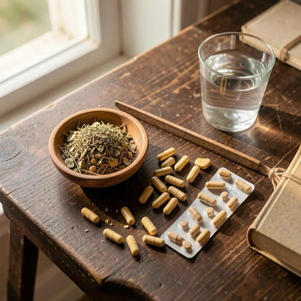 Natural wellness workspace with supplements and herbs