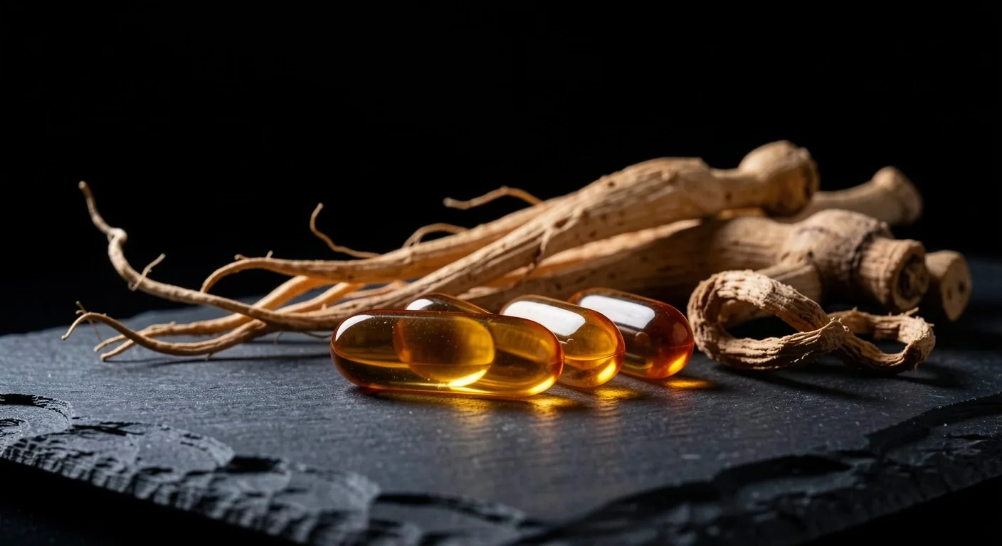 Natural supplement capsules on a dark surface with botanical elements