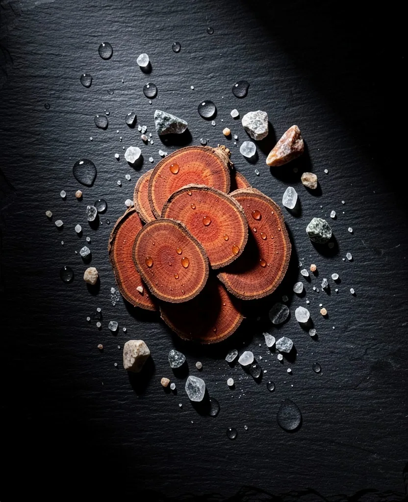 Raw botanical ingredients and minerals on a dark surface