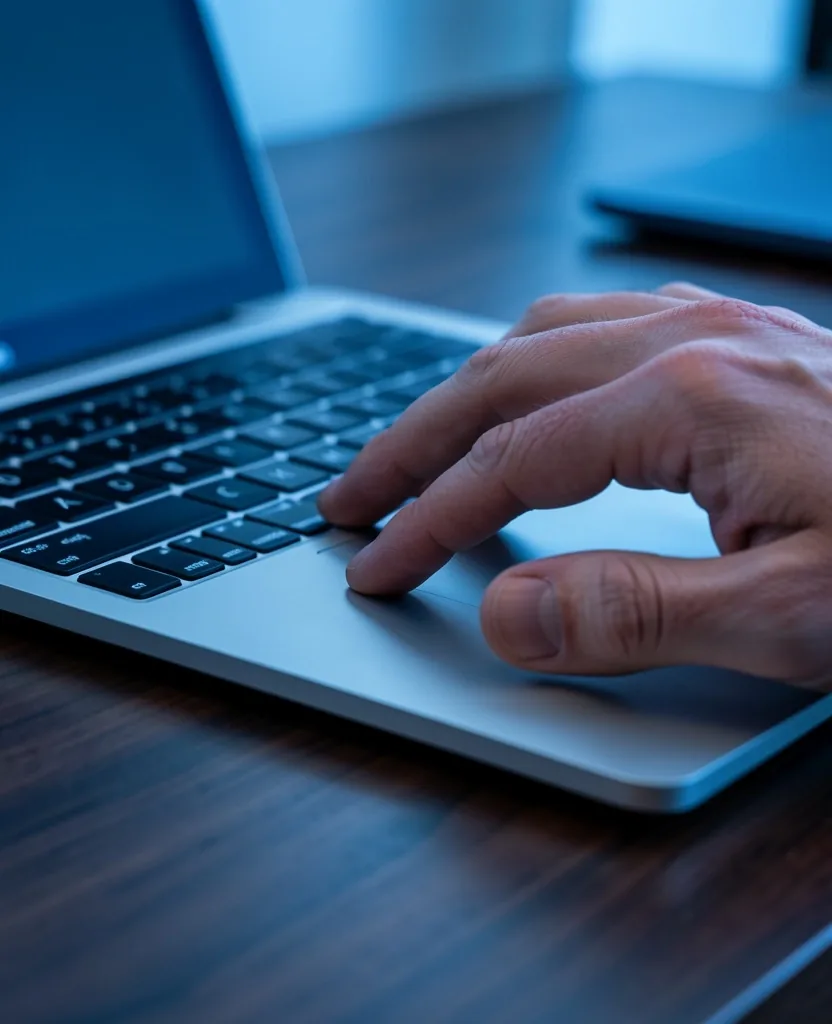 Hands on laptop trackpad in dark workspace