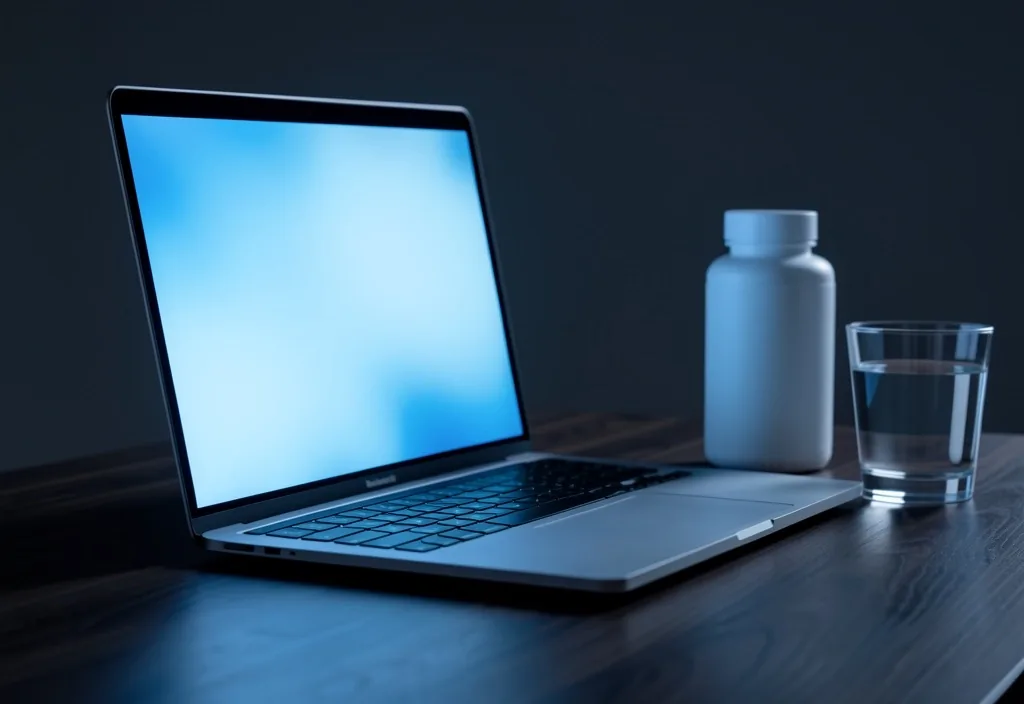 Laptop on dark desk with supplement container