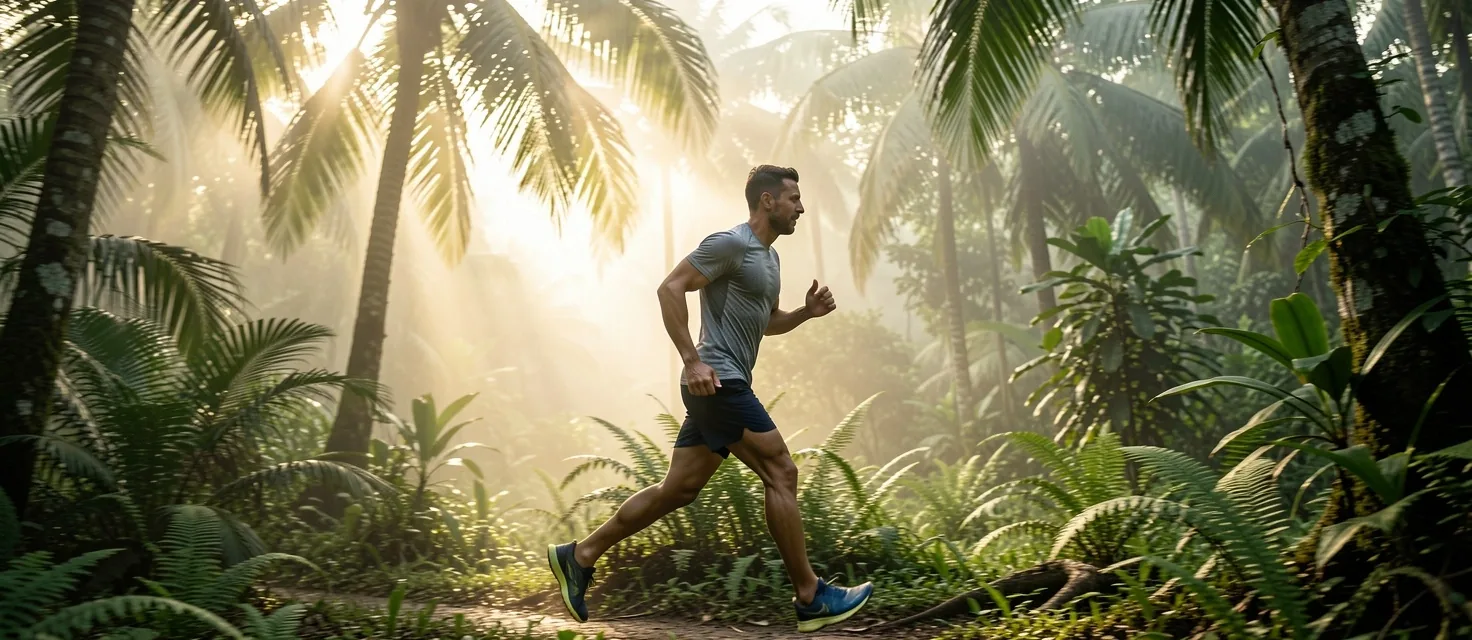 Man running through a tropical Bali jungle path representing endurance
