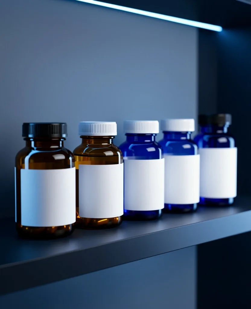 Supplement bottles arranged on a dark shelf