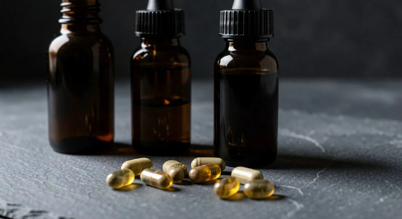 Natural supplement capsules on a dark surface