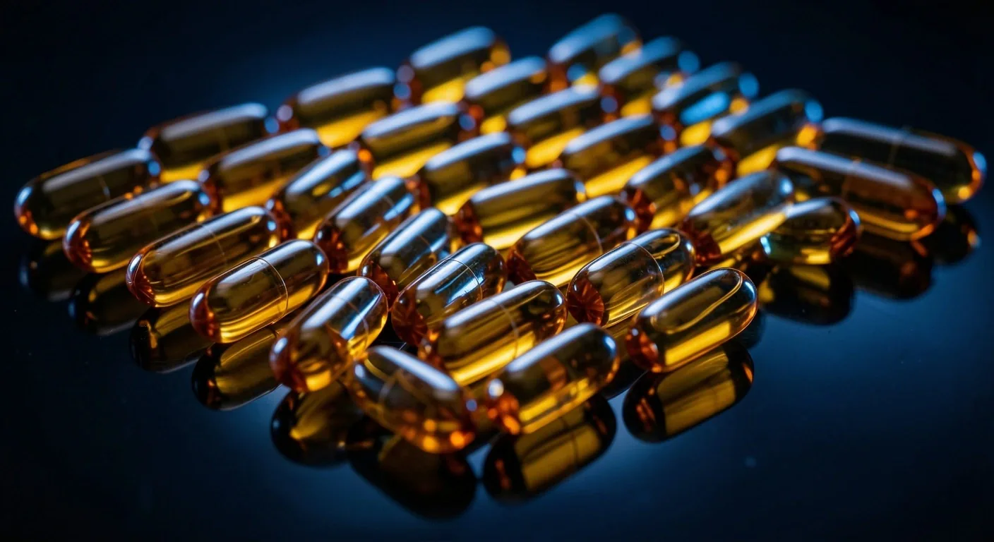 Macro photography of natural supplement capsules on dark surface
