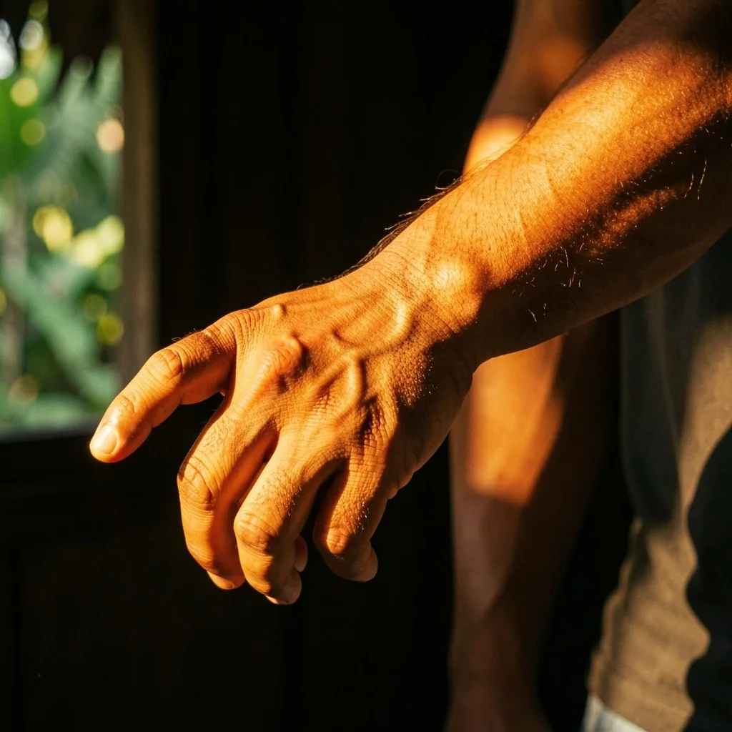 Sunlight reaching a man's hand in a dark interior